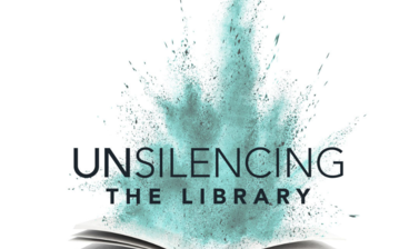 Text reading 'Unsilencing the Library' erupts against a smoky turquoise explosion from an open book