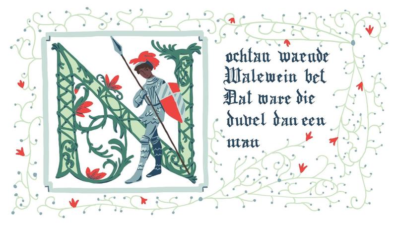 medieval manuscript image of a black knight with Latin next to it, decorative green foliage border