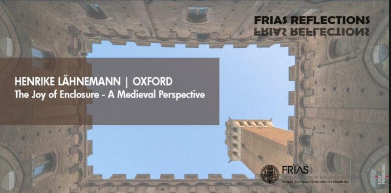 Cover image. Looking up from the interior of a closed courtyard of a castle to blue sky