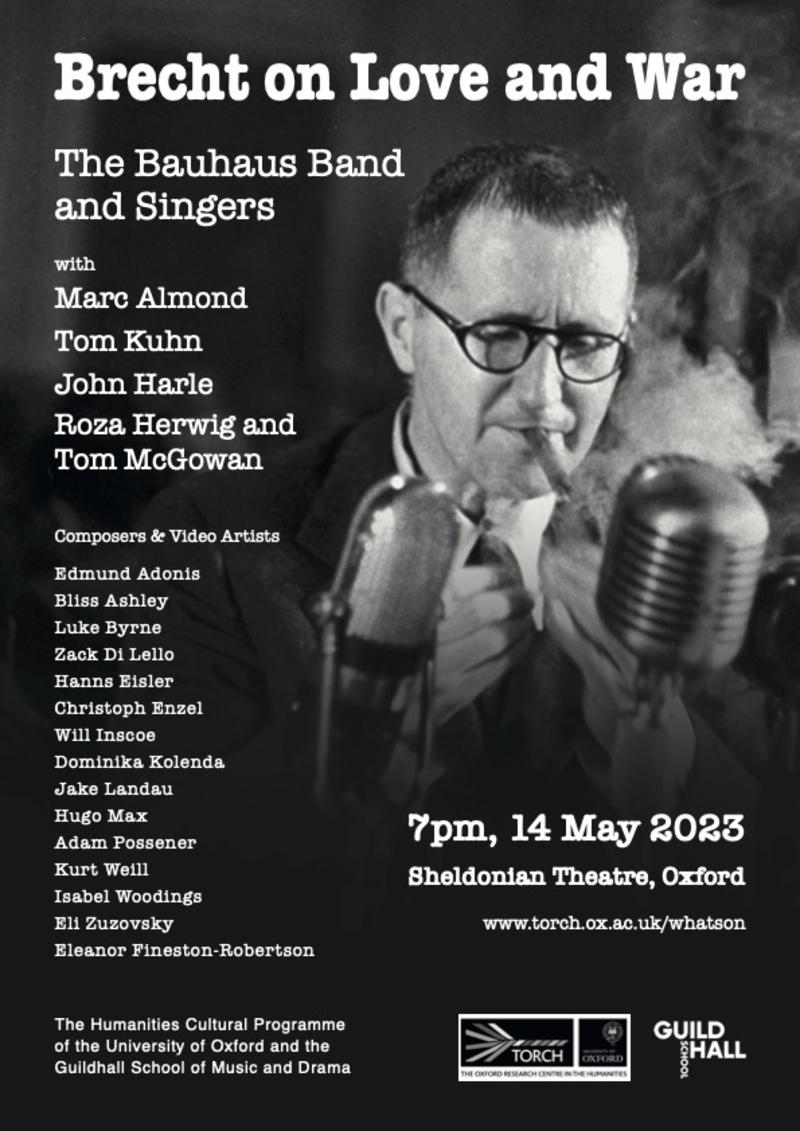 Brecht on love and war poster, with a greyscale image of Bertolt Brecht smoking in front of a microphone