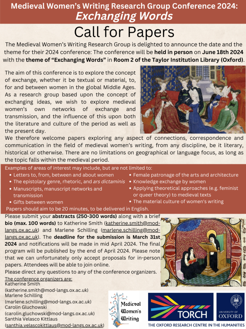 Image of call for papers for the Medieval Women's Writing Research Group Conference 2024: Exchanging Words