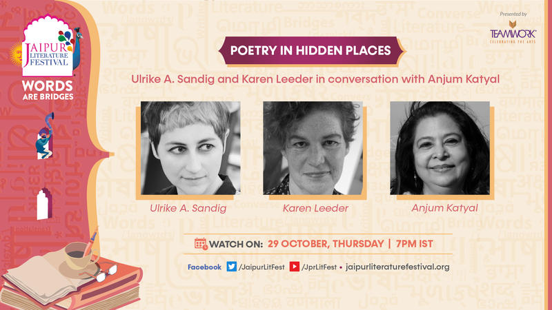 black and white images of the speakers against orange and pink background