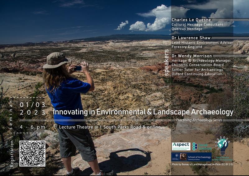 Innovating in Environmental & Landscape Archaeology poster, with an image of someone photographing a rocky terrain