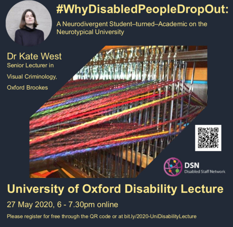 Oxford University 2020 Disability Lecture Poster, photo of loom with weaving on it, grey background, yellow text
