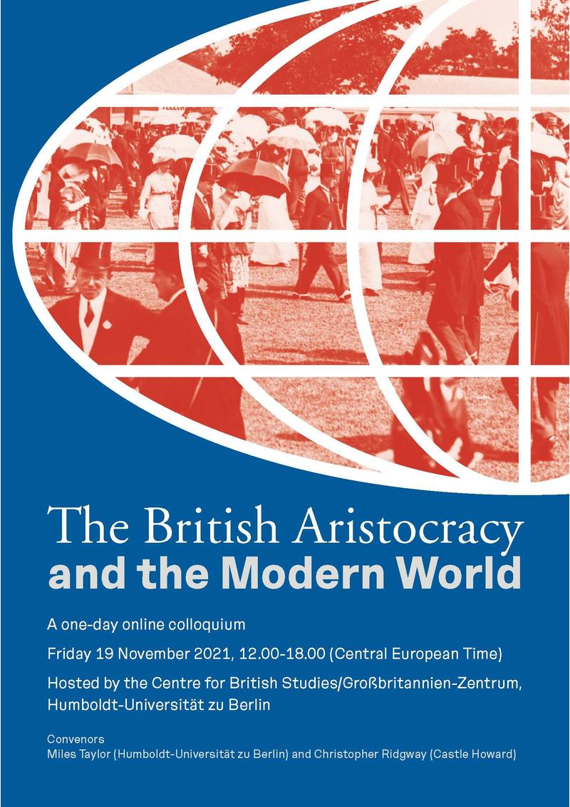 Poster of the event summarising key info about it. White letters on a blue background. The upper half of the poster consists of a schematic depiction of half a globe in orange transparent colour. Inside there is a picture of a '20s social event.