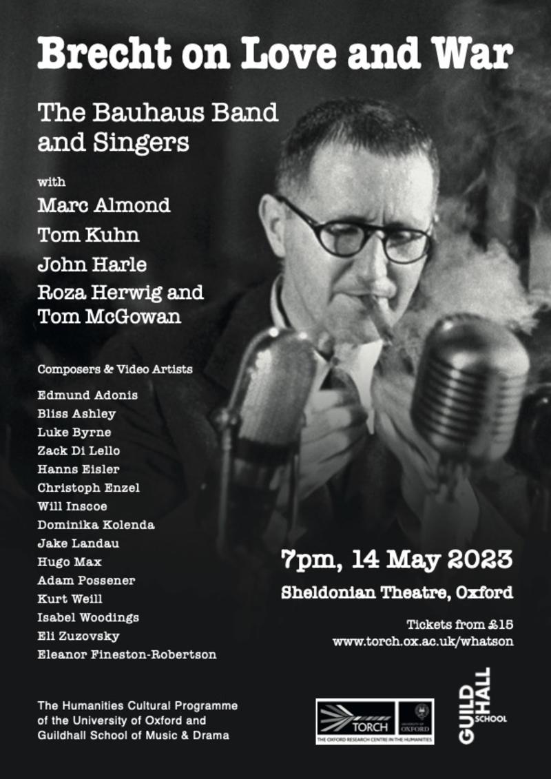 A middle aged man is smoking a cigar on the right hand side of the image. The whole image is black and white. A list of performers names is vertically listed on the left in white text.