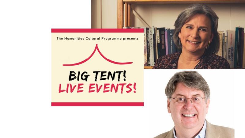 Judith Buchanan and John Whyver next to the cream and red logo of Big Tent! Live Events! 