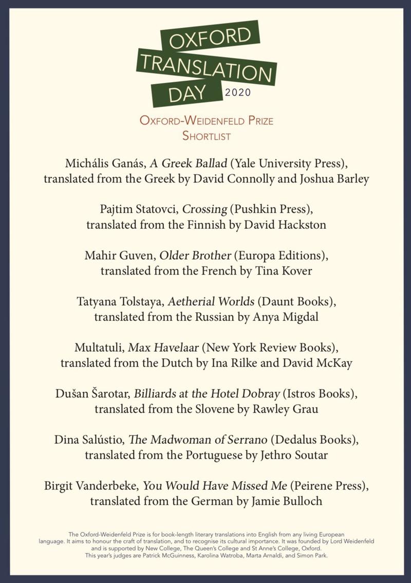 Oxford Translation Day poster with names of shortlist - shortlist available in body of page