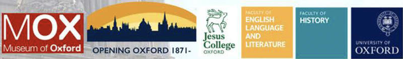 The logos of the contributors to the event: University of Oxford, History Faculty, Faculty of English Language and Literature, Museum of Oxford and Opening Oxford