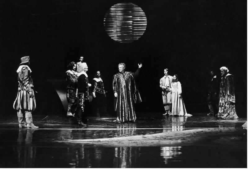 black and white of The Tempest cast all performing