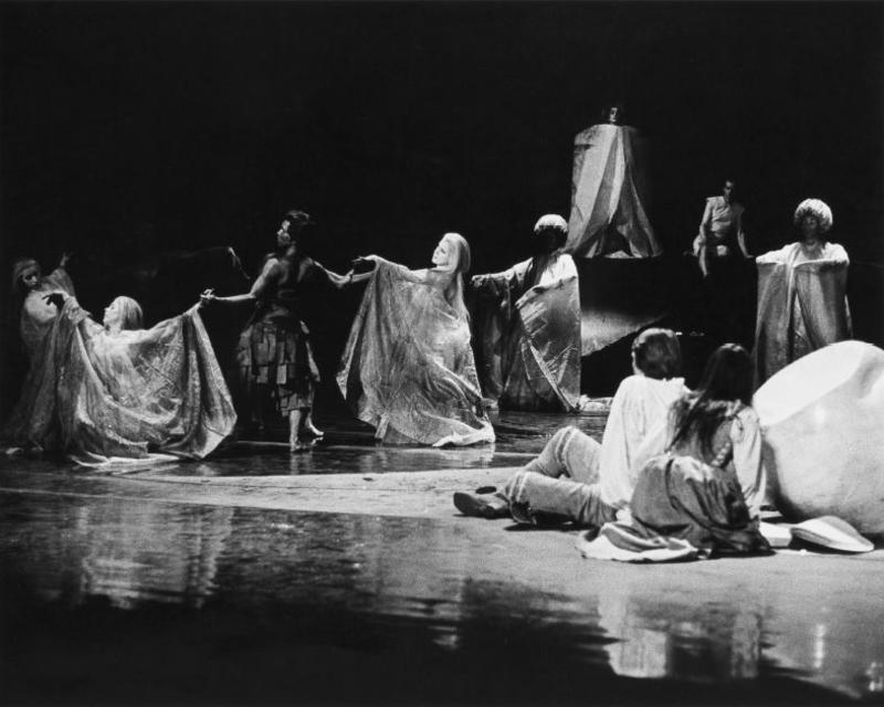 black and white photo of actors dancing in the Tempest