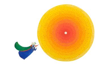 A white background with two medieval figures, Dante in blue and Beatrice in green, fly towards a large circle which gradients from yellow to red at its centre