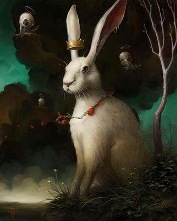 Brian Despain painting of rabbit with cornet on ear