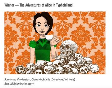 Illusrtation of a girl holding a cup of tea in front of elaborate orange wall paper. She is surrounded by a pile of skulls.