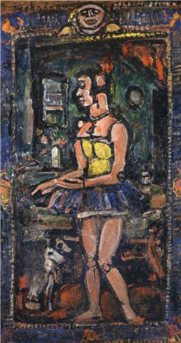 Image depingting the painting 'Danseuse' by Georges Rouault and shows a dancer in a graceful position wearing a yellow corsage and blue tutu, standing in a living room in front of a dining table.