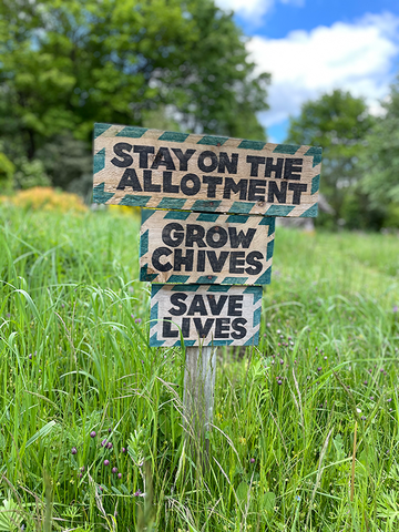 Wooden sign in grass saying 'stay on the allotment, grow chives, save lives'