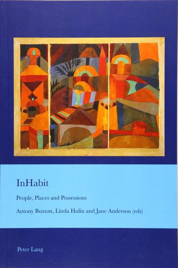 The cover of the book in blue and ciel colour. It features an abstract painting of domestic views and objects in earthy colours.