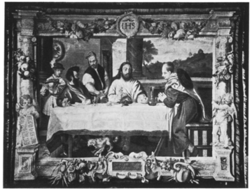 A black-and-white photograph of the tapestry depicting Jesus at a long table surrounded by four figures, with a decorative woven border featuring cherubs, fruit and medallion above Jesus’ head.