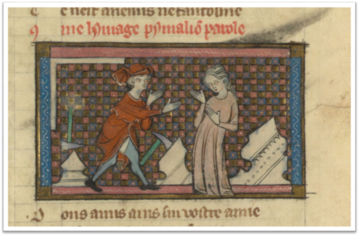 Medieval Script image of a man supplicating a woman