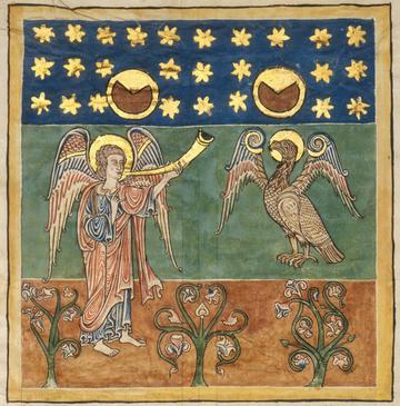 Leaf from a Beatus Manuscript: the Fourth Angel Sounds the Trumpet and an Eagle Cries Woe,