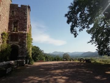 View of Muncaster Castle on a sunny day, with pink granite walls covered in climbing plants in the foreground and looking down mountainous Eskdale in the background. 