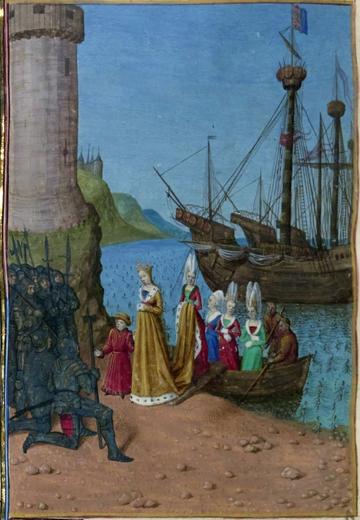 Isabella, in a yellow dress, with the ladies in her custody, in blue, green, and red dresses, disembark from a boat and address the soldiers waiting for them.