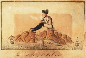 A colourful sketch. A gigantic napoleon sits on the rocks that form the port of St Helena. Sailing boats sail right under his legs.