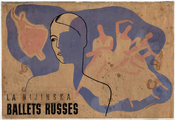 Styalised poster of a women in black outline looking left while faded orange dancers are to her right with blue accents