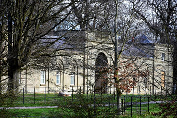 A fragmentary view of the house's facade behind an array of trees