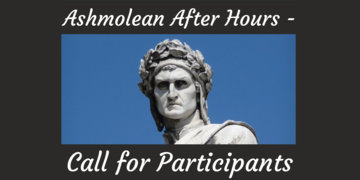 Publicity image for 'Ashmolean After Hours' with a the head of a marble statue of Dante against a blue background