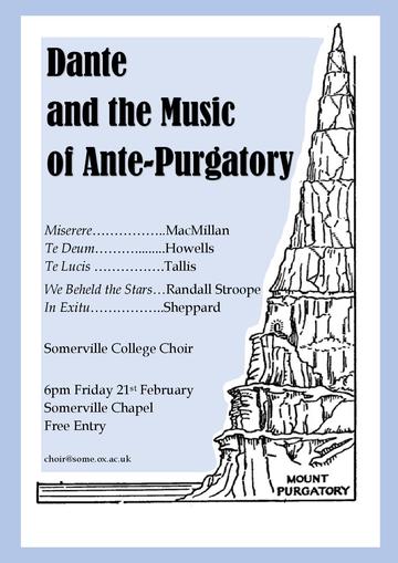 Poster for Dante concert, stating that events takes place at Somerville Chapel, 21st February, 6 pm