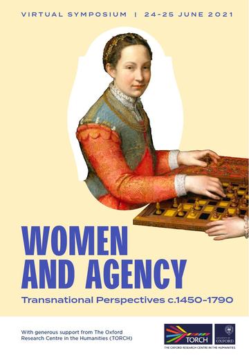 Poster for Women and Agency, featuring a painting of a woman playing chess against a yellow background.