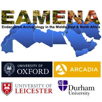 EAMENA logo on a blue map of the Middle East and North Africa. The acronym stands for Endangered Archaeology in the Middle East and North Africa. The logos of four partners are also included: Universities of Oxford; Leicester; and Durham and ARCADIA Fund
