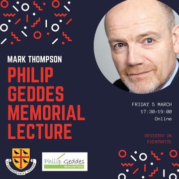 man's headshot in top right corner, background of dark purple with red and white squiggles and circles as decoration.