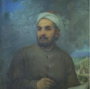 Painting of Hafez (spiritual poet), wearing grey coat holding pen and book, looking off to the left