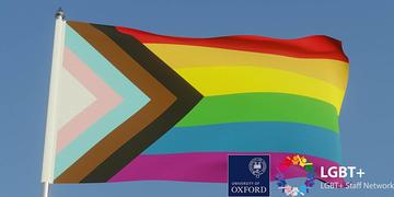 Image of a Pride flag, with logos for University of Oxford and the LGBT+ Staff Network
