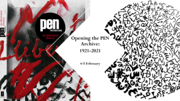 Poster for Opening the PEN Archive, featuring the cover of PEN: an illustrated history, alongside an illustration of scribbles