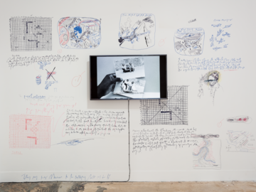 Image depicts hand written text, small drawings of squares in a square, sketches of lanscapes, cars, planes, and people with a screen in the middle where a hand is holding 2 images depicting 2 people sitting on a car.e 