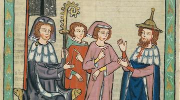 medieval manuscript image of group of four talking