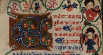 manuscript showing brown map on the left, red latin in the middle, and angels on the right