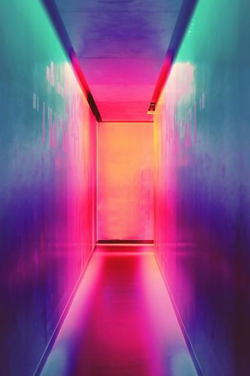 multi coloured hallways, strong on pinks and purples