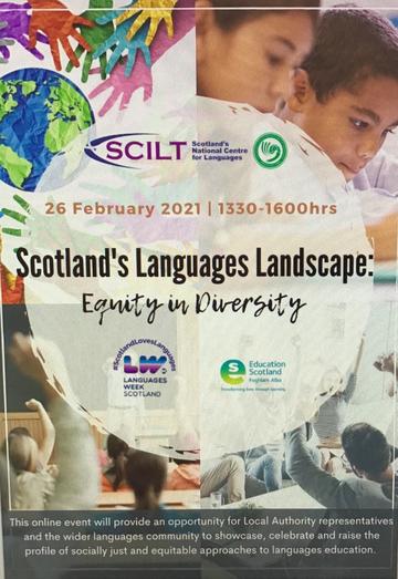 Scotland’s Languages Landscape: equity in diversity poster three different images of school children in classrooms and one picture of childrens han prints in different colours. 