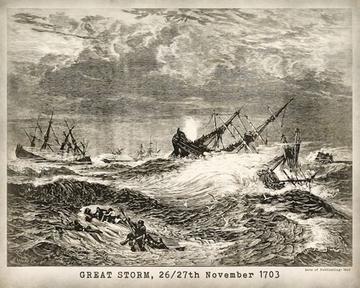 etching of ships being sunk in a storm