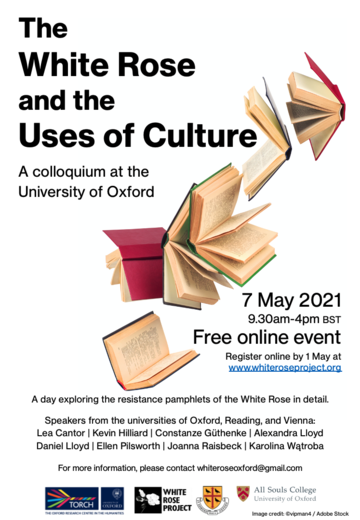 The White Rose and the Uses of Culture programme flyer depicting different colour bound open books as if thrown from a hight.