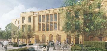 Artists' impression of the Schwarzmann Centre, a pale stone building with large windows, a series of archways, and surrounding greenery