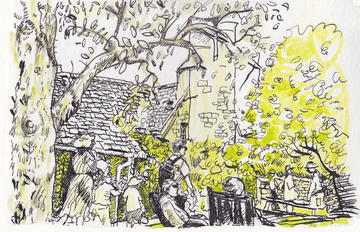 Sketch in pencil of tourists visiting the Kelmscott Manor. 