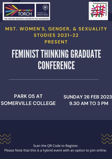 Feminist Thinking Graduate Poster, with white and yellow text on a dark blue background