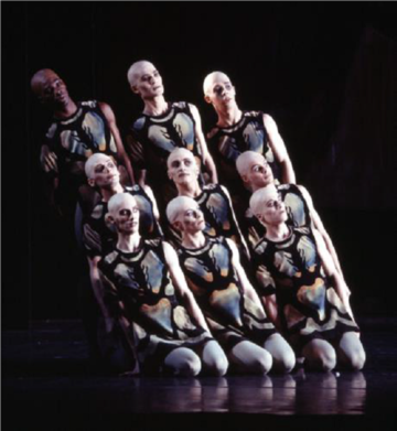 Image depicting nine ballet dancers in placed in rows of three the front row kneeling flat, the second row kneeling upright and the third row standing. All dancers are tilting their upper body to the left which gives the still a dynamic impression.