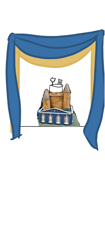 Cartoon of a stage curtain, enclosing a photo of a cake decorated in the shape of a castle