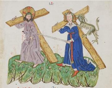 meieval image of chris and woman in blue carrying crosses